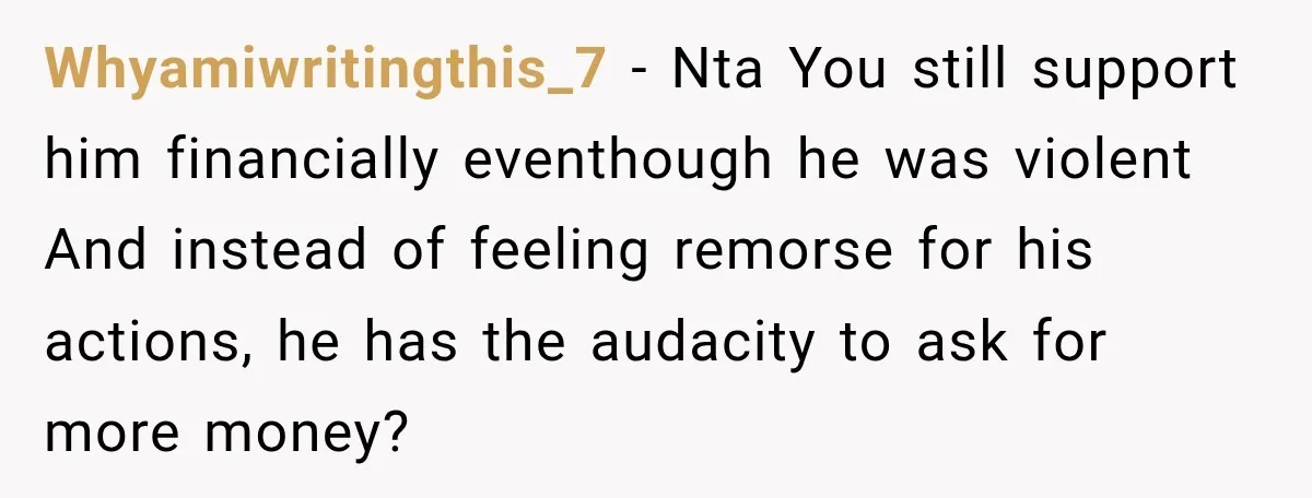 Whyamiwritingthis_7 − Nta You still support him financially eventhough he was violent And instead of feeling remorse for his actions, he has the audacity to ask for more money?