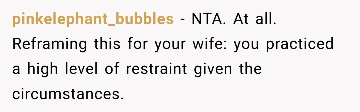 pinkelephant_bubbles − NTA. At all. Reframing this for your wife: you practiced a high level of restraint given the circumstances.