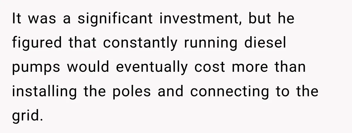 It was a significant investment, but he figured that constantly running diesel pumps would eventually cost more than installing the poles and connecting to the grid.