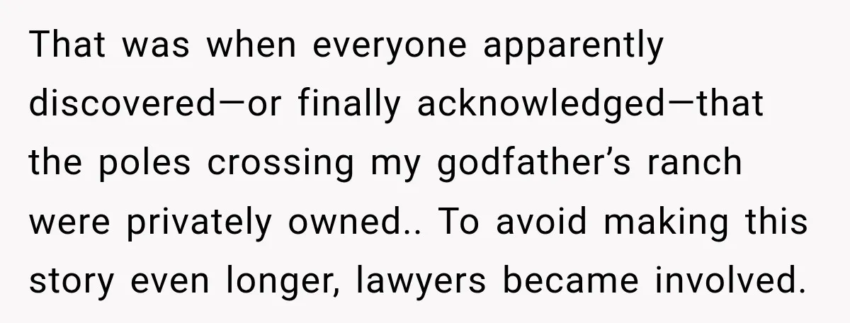 That was when everyone apparently discovered—or finally acknowledged—that the poles crossing my godfather’s ranch were privately owned.. To avoid making this story even longer, lawyers became involved.
