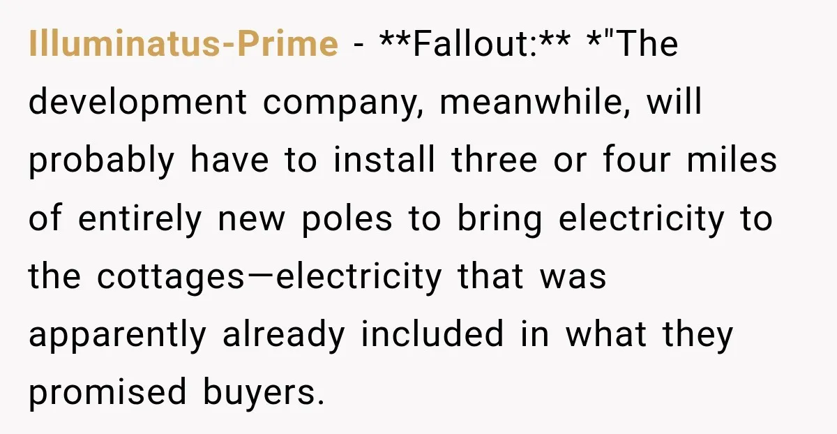 Illuminatus-Prime − **Fallout:** *"The development company, meanwhile, will probably have to install three or four miles of entirely new poles to bring electricity to the cottages—electricity that was apparently already...
