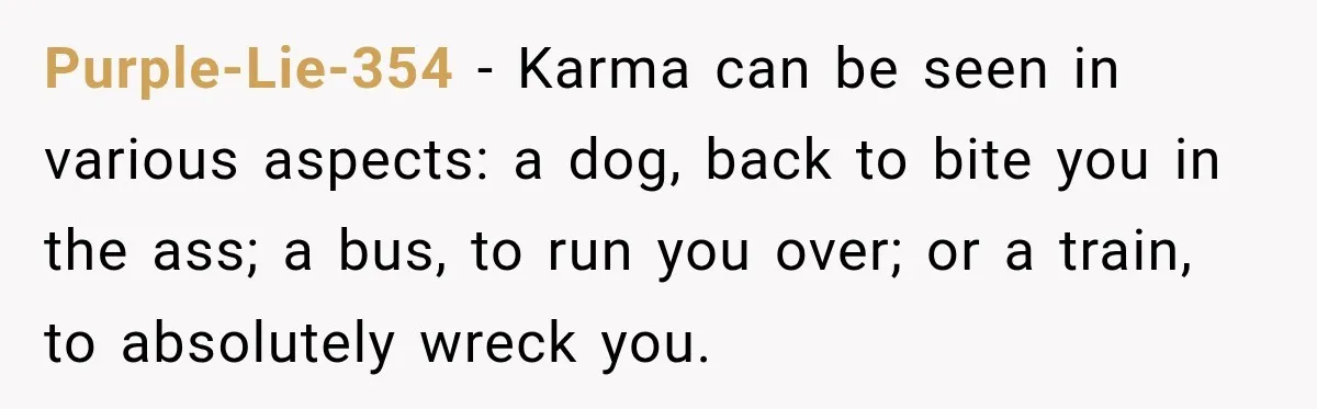Purple-Lie-354 − Karma can be seen in various aspects: a dog, back to bite you in the ass; a bus, to run you over; or a train, to absolutely wreck...