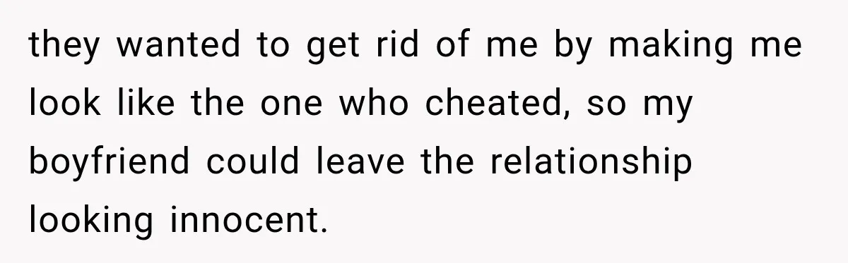 they wanted to get rid of me by making me look like the one who cheated, so my boyfriend could leave the relationship looking innocent.