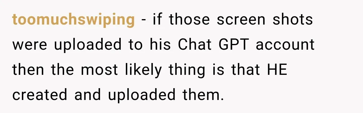 toomuchswiping − if those screen shots were uploaded to his Chat GPT account then the most likely thing is that HE created and uploaded them.