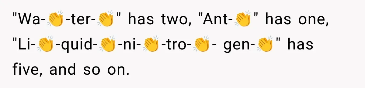 "Wa-👏-ter-👏" has two, "Ant-👏" has one, "Li-👏-quid-👏-ni-👏-tro-👏- gen-👏" has five, and so on.