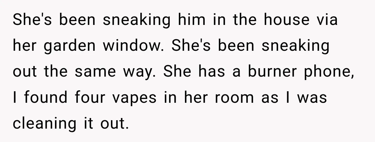 My Daughter Turned 18—Then Disappeared Two Days Later. I Never Imagined Parenthood Could Change Overnight. She's been sneaking him in the house via her garden window. She's been sneaking out the same way. She has a burner phone, I found four vapes in her room...