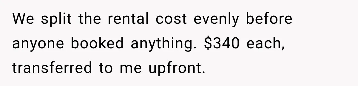 We split the rental cost evenly before anyone booked anything. $340 each, transferred to me upfront.