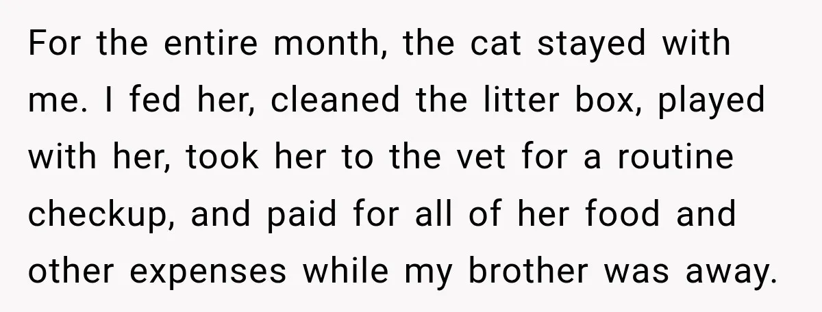 For the entire month, the cat stayed with me. I fed her, cleaned the litter box, played with her, took her to the vet for a routine checkup, and paid...