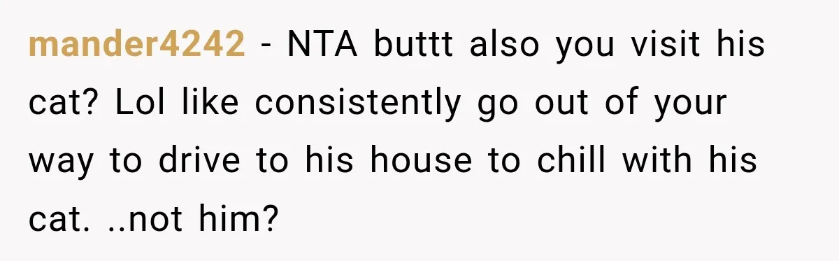 mander4242 − NTA buttt also you visit his cat? Lol like consistently go out of your way to drive to his house to chill with his cat. ..not him?