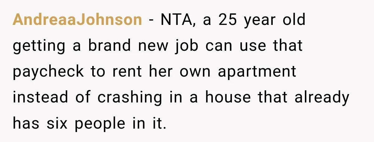 AndreaaJohnson − NTA, a 25 year old getting a brand new job can use that paycheck to rent her own apartment instead of crashing in a house that already has...
