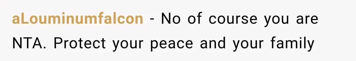 aLouminumfalcon − No of course you are NTA. Protect your peace and your family