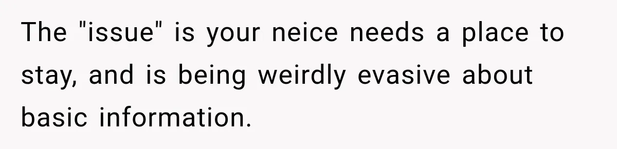The "issue" is your neice needs a place to stay, and is being weirdly evasive about basic information.