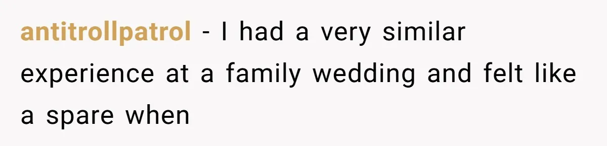 antitrollpatrol − I had a very similar experience at a family wedding and felt like a spare when