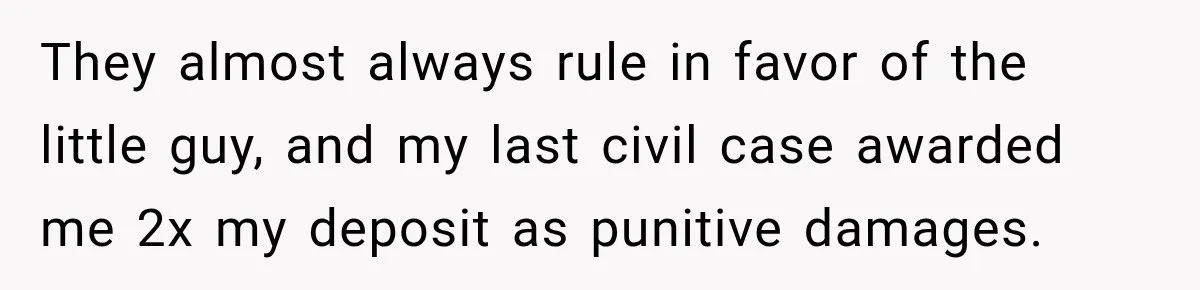 They almost always rule in favor of the little guy, and my last civil case awarded me 2x my deposit as punitive damages.