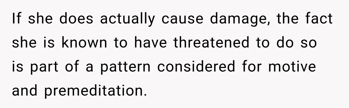 Woman Damaged Her Own Bumper And Somehow Decided It Was Her Neighbor's Fault If she does actually cause damage, the fact she is known to have threatened to do so is part of a pattern considered for motive and premeditation.