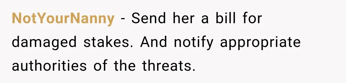 Woman Damaged Her Own Bumper And Somehow Decided It Was Her Neighbor's Fault NotYourNanny − Send her a bill for damaged stakes. And notify appropriate authorities of the threats.