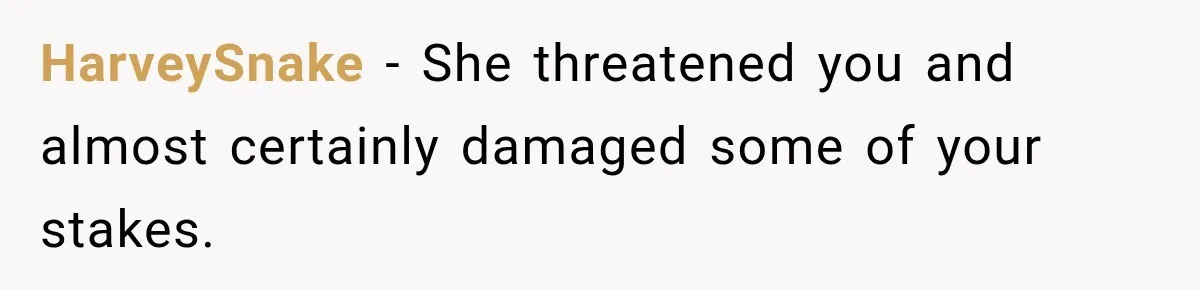 Woman Damaged Her Own Bumper And Somehow Decided It Was Her Neighbor's Fault HarveySnake − She threatened you and almost certainly damaged some of your stakes.