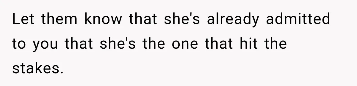 Woman Damaged Her Own Bumper And Somehow Decided It Was Her Neighbor's Fault Let them know that she's already admitted to you that she's the one that hit the stakes.