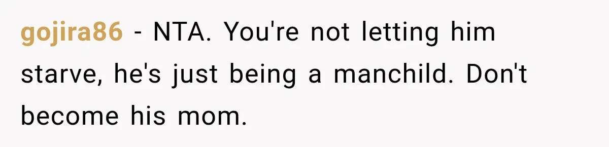gojira86 − NTA. You're not letting him starve, he's just being a manchild. Don't become his mom.
