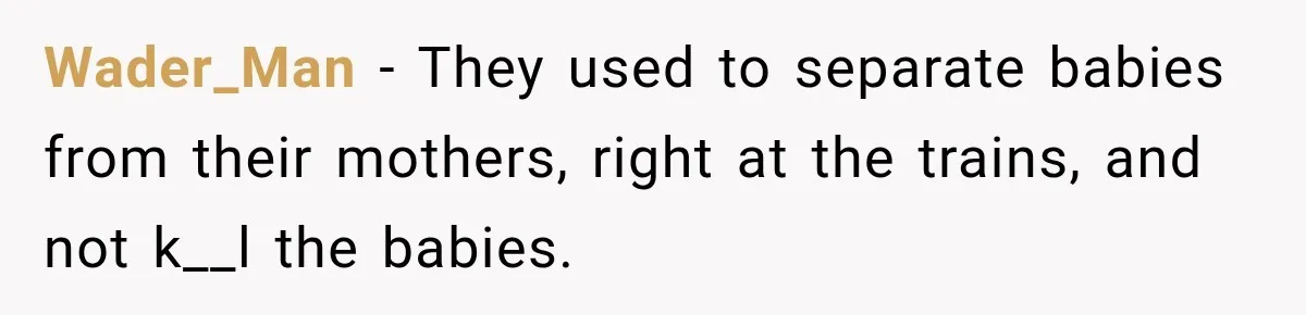 Wader_Man − They used to separate babies from their mothers, right at the trains, and not k__l the babies.