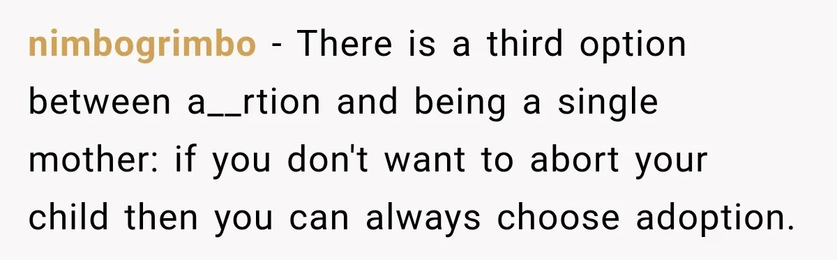 nimbogrimbo − There is a third option between a__rtion and being a single mother: if you don't want to abort your child then you can always choose adoption.