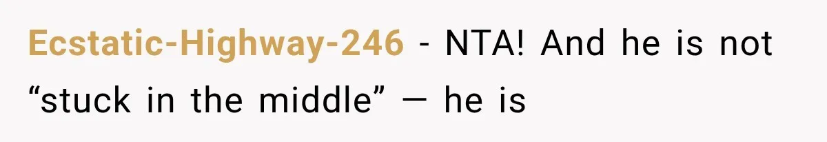 MIL Holds a Months-Long Grudge and Takes It Out on the Bride’s Family at the Wedding Ecstatic-Highway-246 − NTA! And he is not “stuck in the middle” — he is