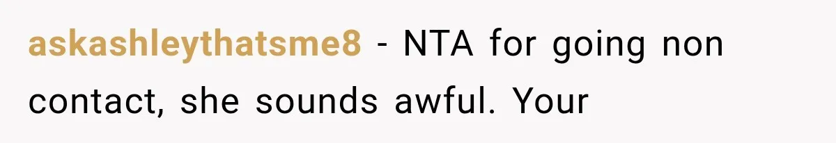 MIL Holds a Months-Long Grudge and Takes It Out on the Bride’s Family at the Wedding askashleythatsme8 − NTA for going non contact, she sounds awful. Your