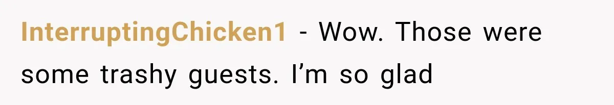 InterruptingChicken1 − Wow. Those were some trashy guests. I’m so glad