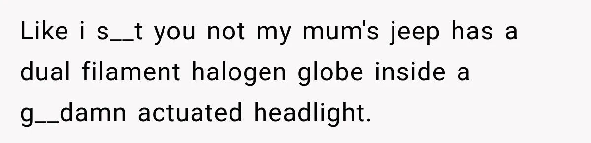 Like i s__t you not my mum's jeep has a dual filament halogen globe inside a g__damn actuated headlight.