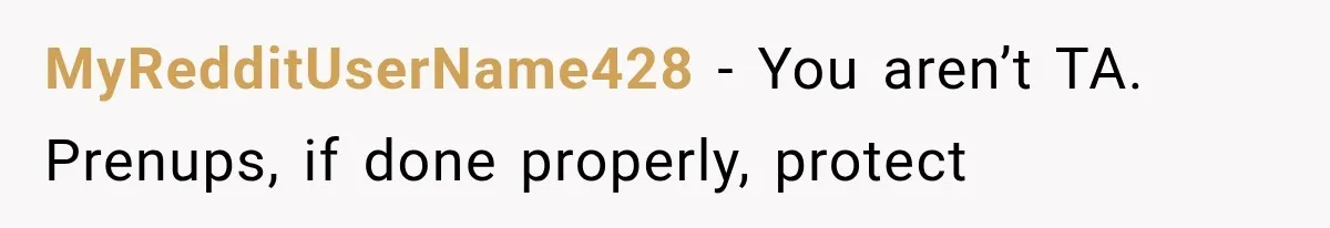 MyRedditUserName428 − You aren’t TA. Prenups, if done properly, protect