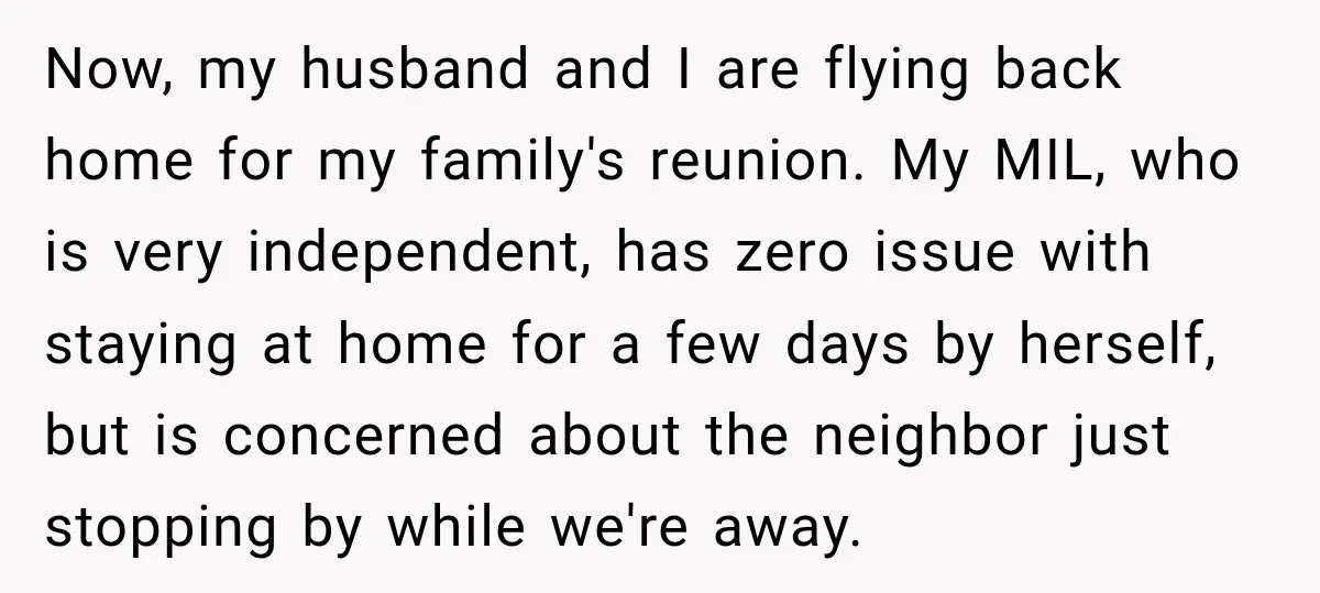 Now, my husband and I are flying back home for my family's reunion. My MIL, who is very independent, has zero issue with staying at home for a few days...
