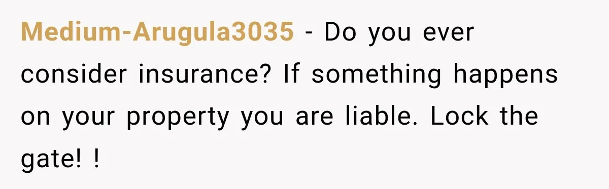 Medium-Arugula3035 − Do you ever consider insurance? If something happens on your property you are liable. Lock the gate! !