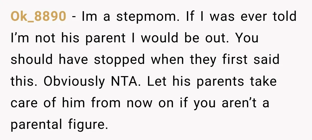 She Was Told She Wasn’t His Parent, So She Finally Stopped Doing All the Parenting Ok_8890 − Im a stepmom. If I was ever told I’m not his parent I would be out. You should have stopped when they first said this. Obviously NTA. Let...
