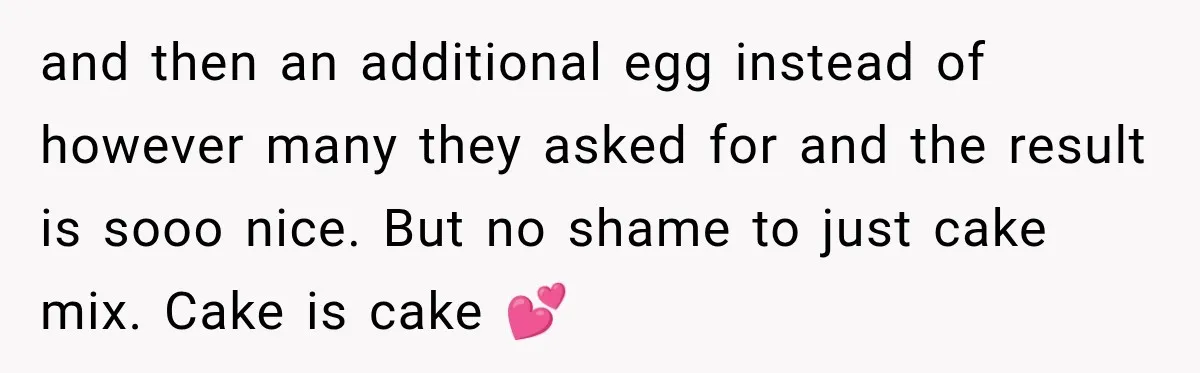 and then an additional egg instead of however many they asked for and the result is sooo nice. But no shame to just cake mix. Cake is cake 💕