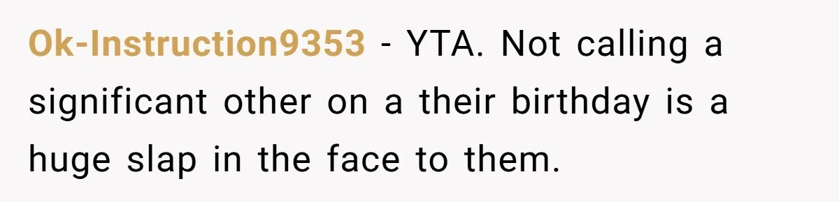 Ok-Instruction9353 − YTA. Not calling a significant other on a their birthday is a huge slap in the face to them.