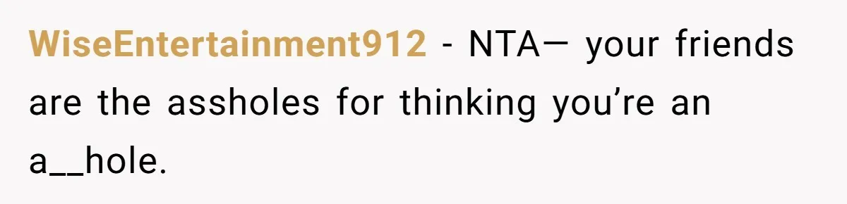 WiseEntertainment912 − NTA— your friends are the assholes for thinking you’re an a__hole.