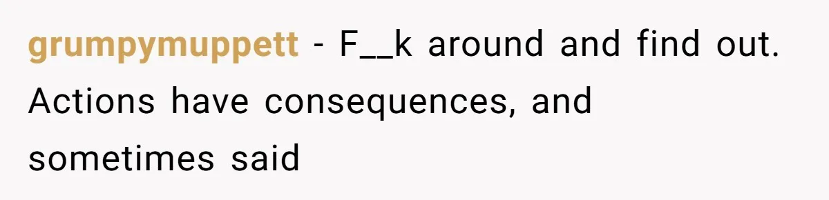 grumpymuppett − F__k around and find out. Actions have consequences, and sometimes said