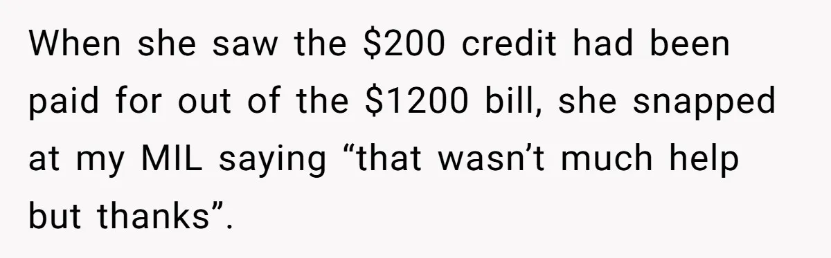 When she saw the $200 credit had been paid for out of the $1200 bill, she snapped at my MIL saying “that wasn’t much help but thanks”.