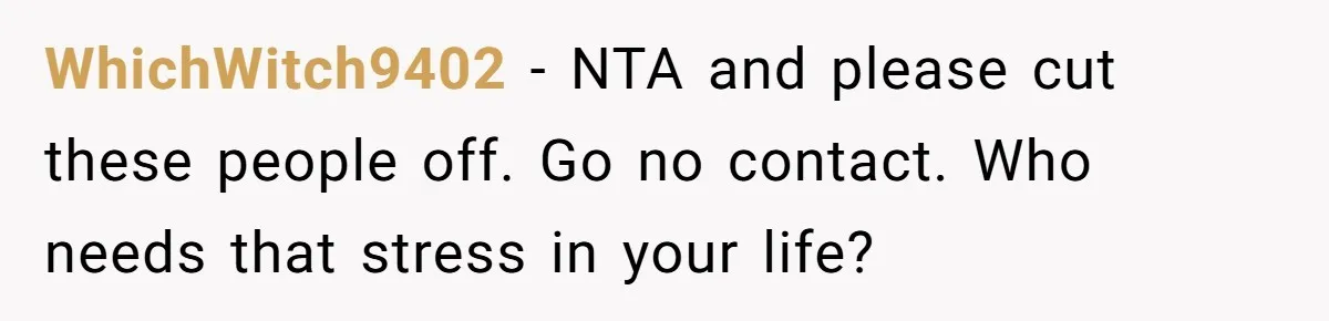 WhichWitch9402 − NTA and please cut these people off. Go no contact. Who needs that stress in your life?