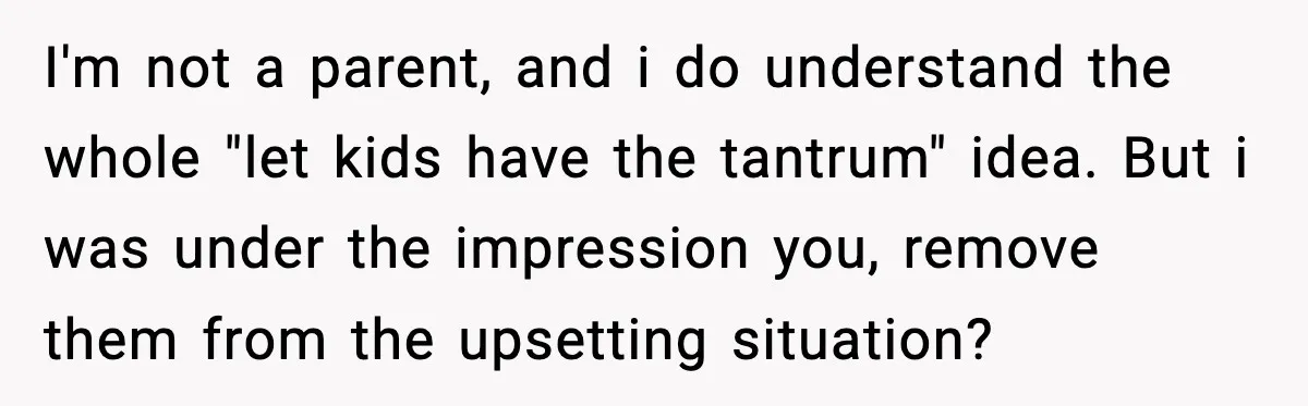 I'm not a parent, and i do understand the whole "let kids have the tantrum" idea. But i was under the impression you, remove them from the upsetting situation?