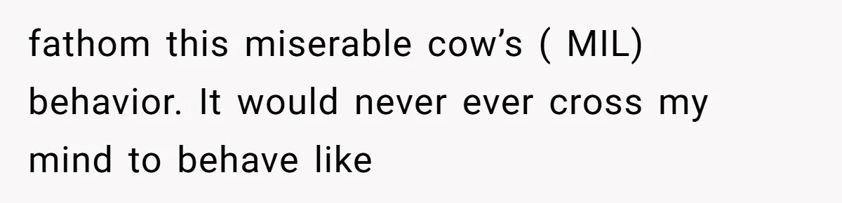 fathom this miserable cow’s ( MIL) behavior. It would never ever cross my mind to behave like