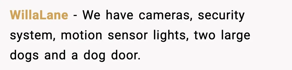 WillaLane − We have cameras, security system, motion sensor lights, two large dogs and a dog door.
