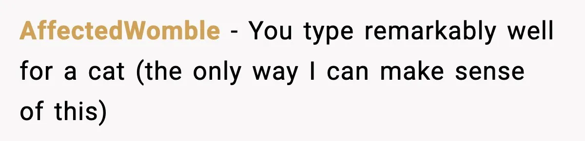 AffectedWomble − You type remarkably well for a cat (the only way I can make sense of this)