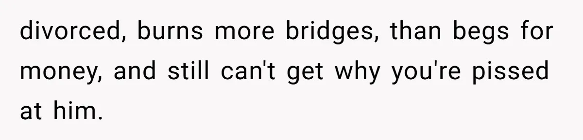 Twin Brother Refuses to Meet Her Husband for 15 Years, Then Demands His Money divorced, burns more bridges, than begs for money, and still can't get why you're pissed at him.