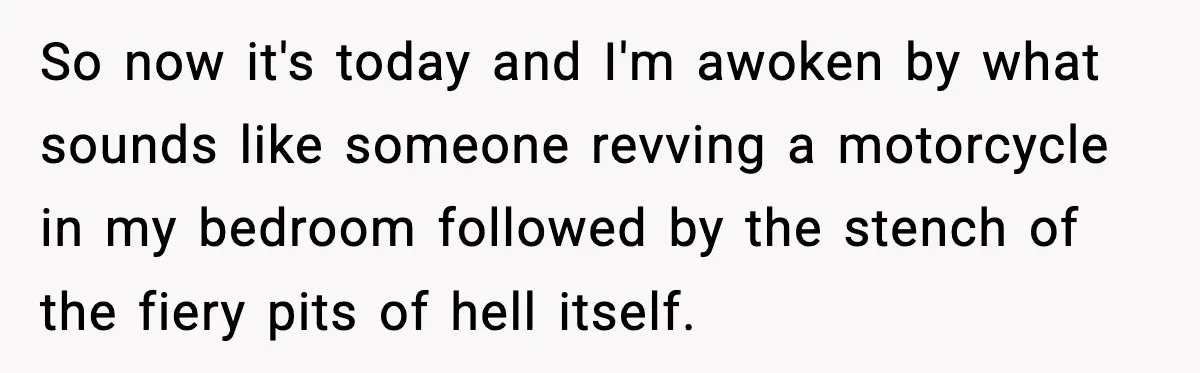So now it's today and I'm awoken by what sounds like someone revving a motorcycle in my bedroom followed by the stench of the fiery pits of hell itself.
