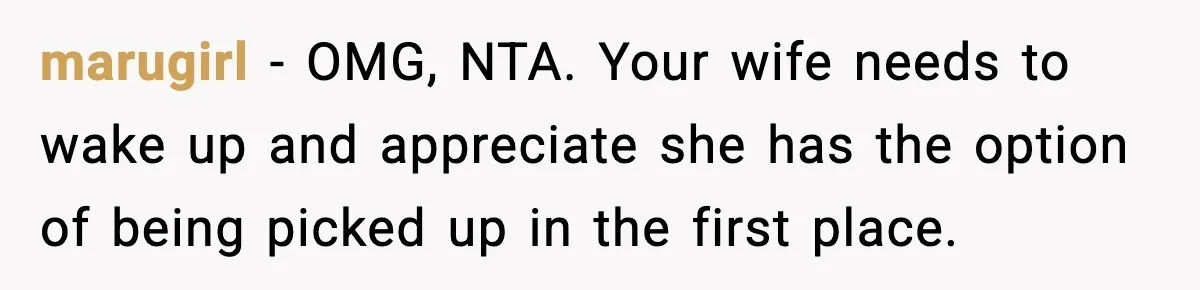 Husband Drives Two Hours For Airport Pickup, Then Makes Wife Shuttle After She Says She’s Ready marugirl − OMG, NTA. Your wife needs to wake up and appreciate she has the option of being picked up in the first place.