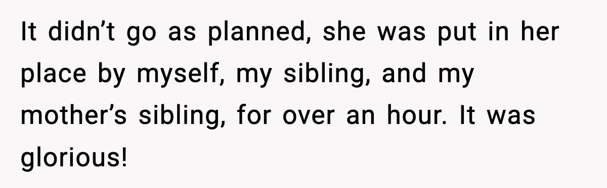 Woman Cuts Off Abusive Mother, Then Watches The Rest Of The Family Finally See Why It didn’t go as planned, she was put in her place by myself, my sibling, and my mother’s sibling, for over an hour. It was glorious!