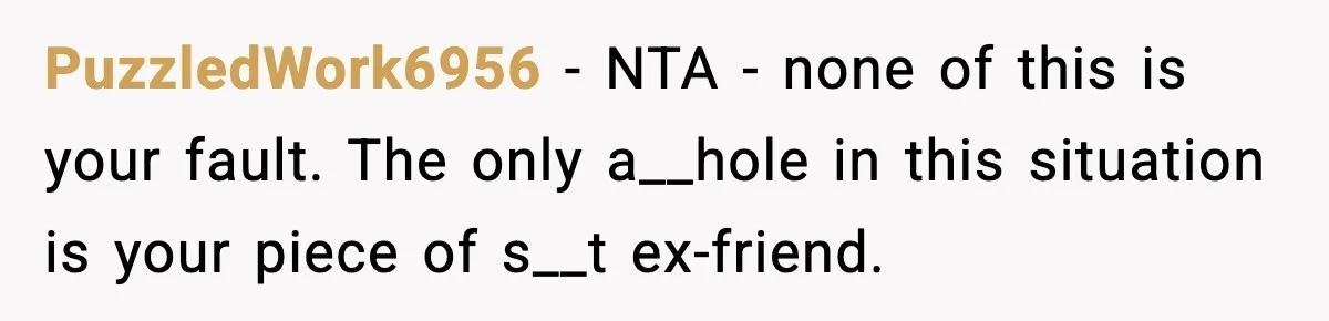 PuzzledWork6956 − NTA - none of this is your fault. The only a__hole in this situation is your piece of s__t ex-friend.
