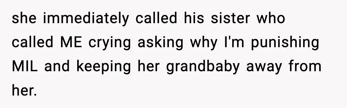 she immediately called his sister who called ME crying asking why I'm punishing MIL and keeping her grandbaby away from her.