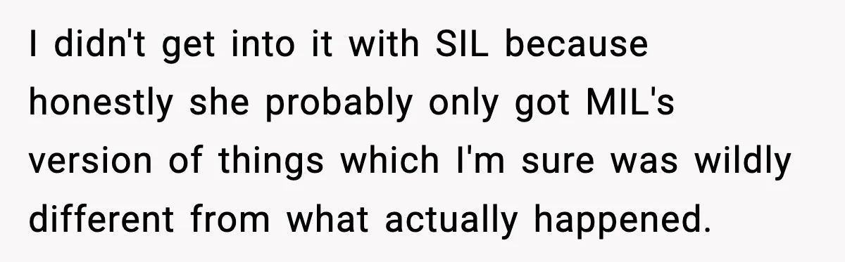 I didn't get into it with SIL because honestly she probably only got MIL's version of things which I'm sure was wildly different from what actually happened.